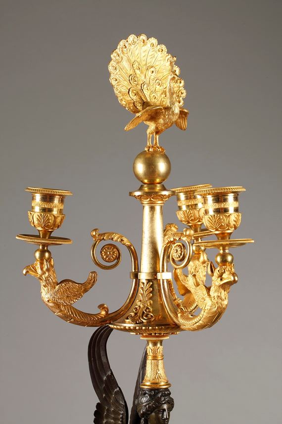 Pair of patinated and gilt bronze three-light candelabra | MasterArt